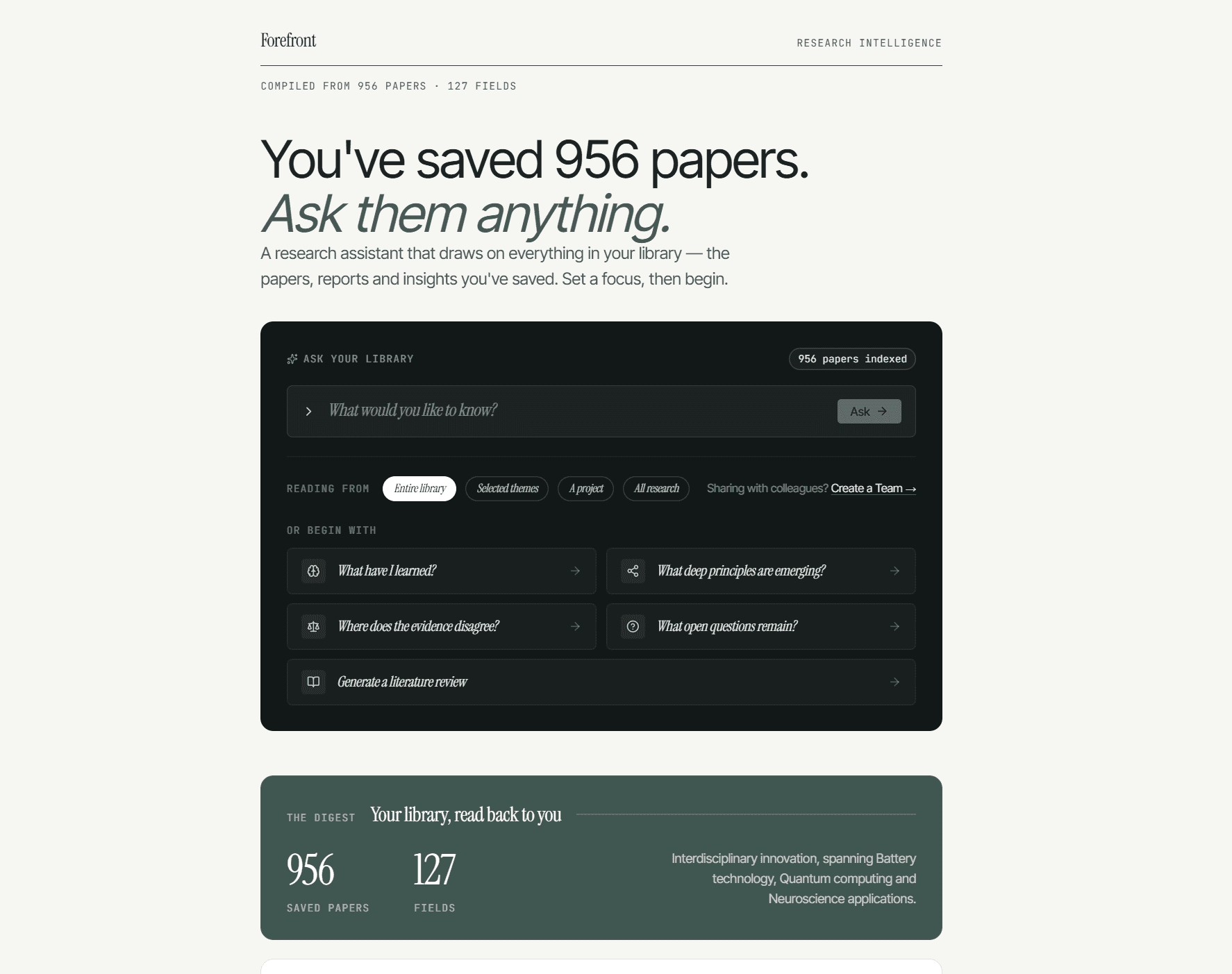 Research Intelligence — ask your library, with focus scopes and starting questions